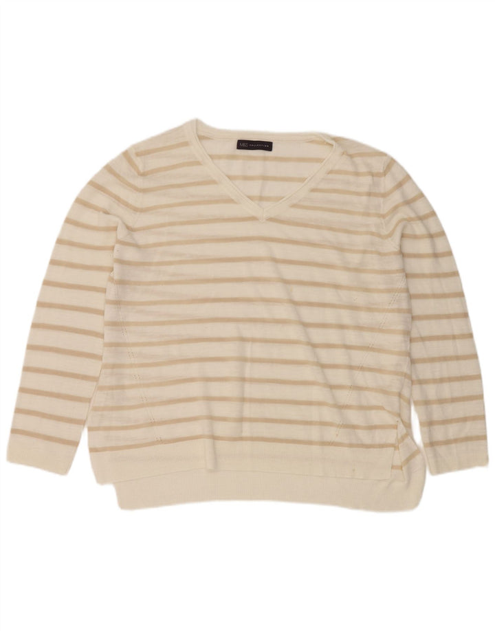 Marks & Spencer Damen-Pullover mit V-Ausschnitt, Gr. 14, Größe L, weiß gestreift