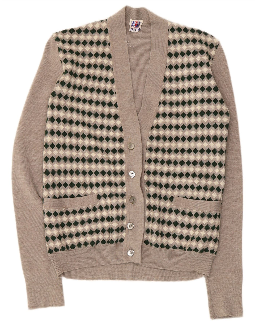 Vintage Damen Cardigan Pullover UK 8 Small Beige Geometrisch