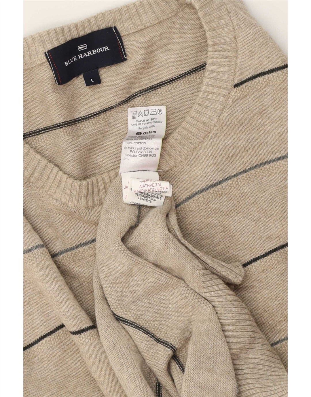 Blue Harbor Herren-Pullover mit Rundhalsausschnitt, groß, beige, gestreift, Baumwolle