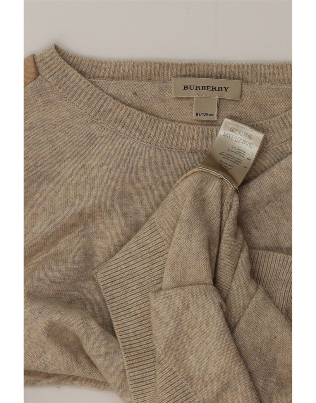 BURBERRY Mädchen-Pullover mit U-Boot-Ausschnitt, 7–8 Jahre, beige Baumwolle