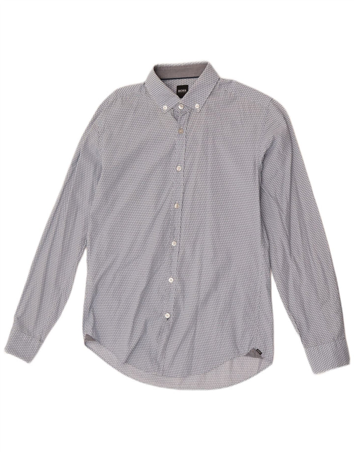Hugo Boss Herren-Hemd mit abstraktem Muster, schmale Passform, klein, aus blauer Baumwolle