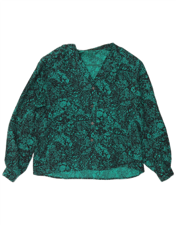 Vintage Damen Hemdbluse mit abstraktem Muster UK 16 Große grüne Seide