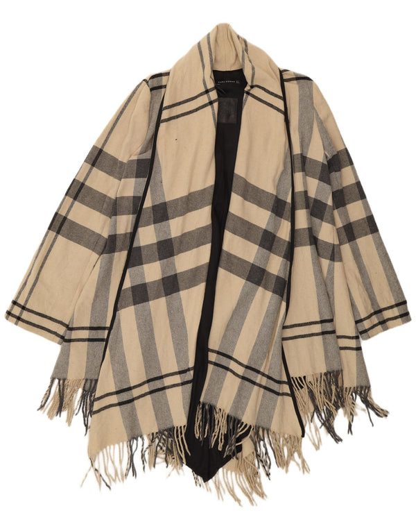 Zara Womens Open Relaxed Fit Overcoat UK 10 Small Beige Plaid Wool