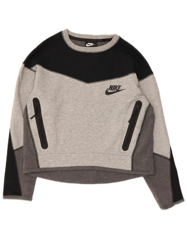Nike Damen Crop Sweatshirt Pullover UK 6 XS Graue Colourblock-Baumwolle