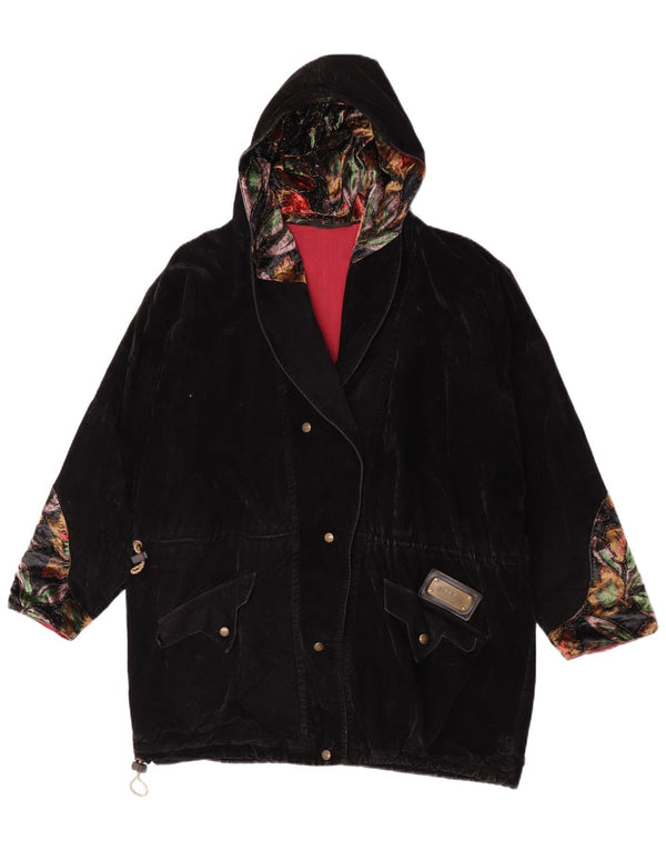 Vintage Damen Übergroße Parka-Jacke mit Kapuze, UK 14, groß, schwarz, geblümt