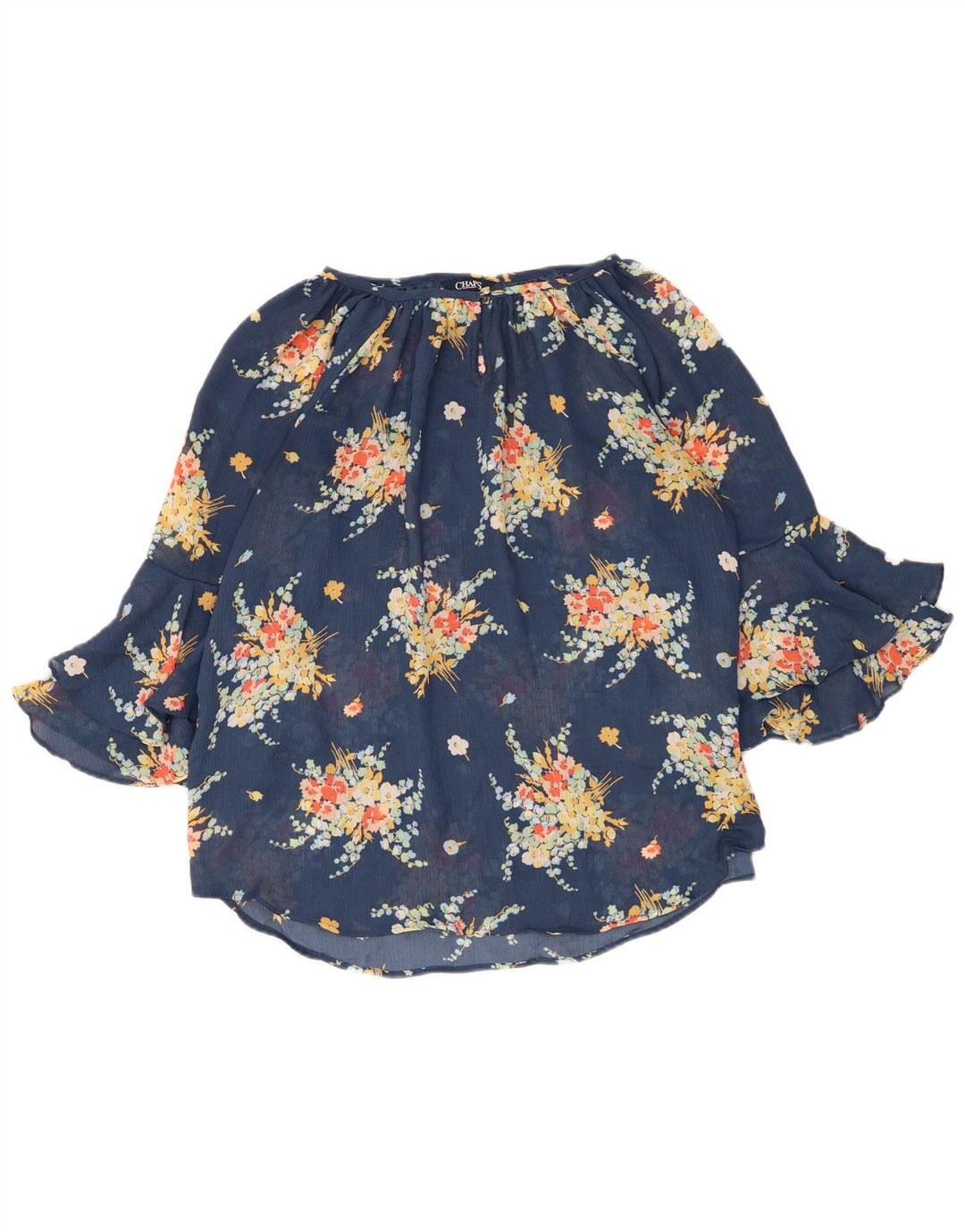 Chaps Damen-Blusenoberteil mit 3/4-Ärmeln, UK-Größe 12, mittelblaues Blumenmuster, Polyester
