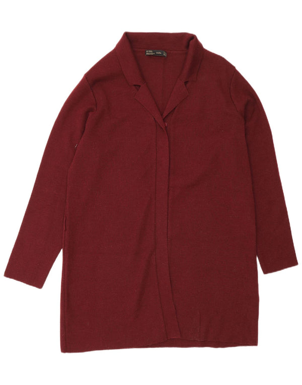 Zara Damen Longline-Cardigan-Pullover UK 16 Große burgunderrote Wolle