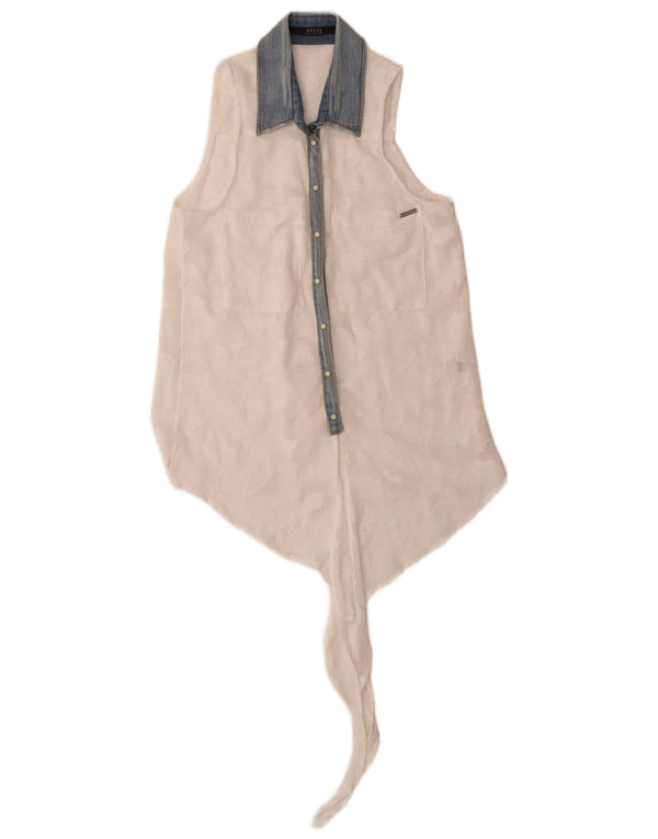 Guess Damen ärmellose durchsichtige Hemdbluse UK 6 XS Weiß geblümt