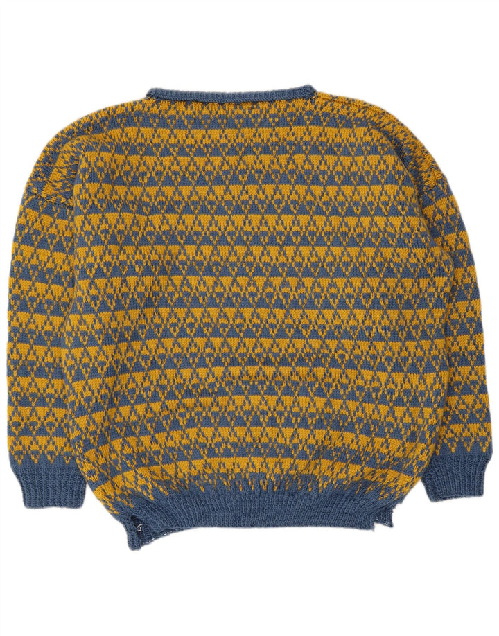 Vintage Herren Pullover mit U-Boot-Ausschnitt, groß, blau, geometrisch