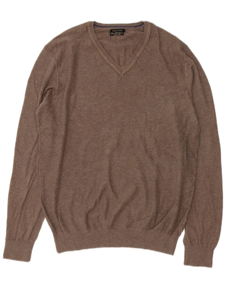 Massimo Dutti Herren-Pullover mit V-Ausschnitt, groß, braune Baumwolle