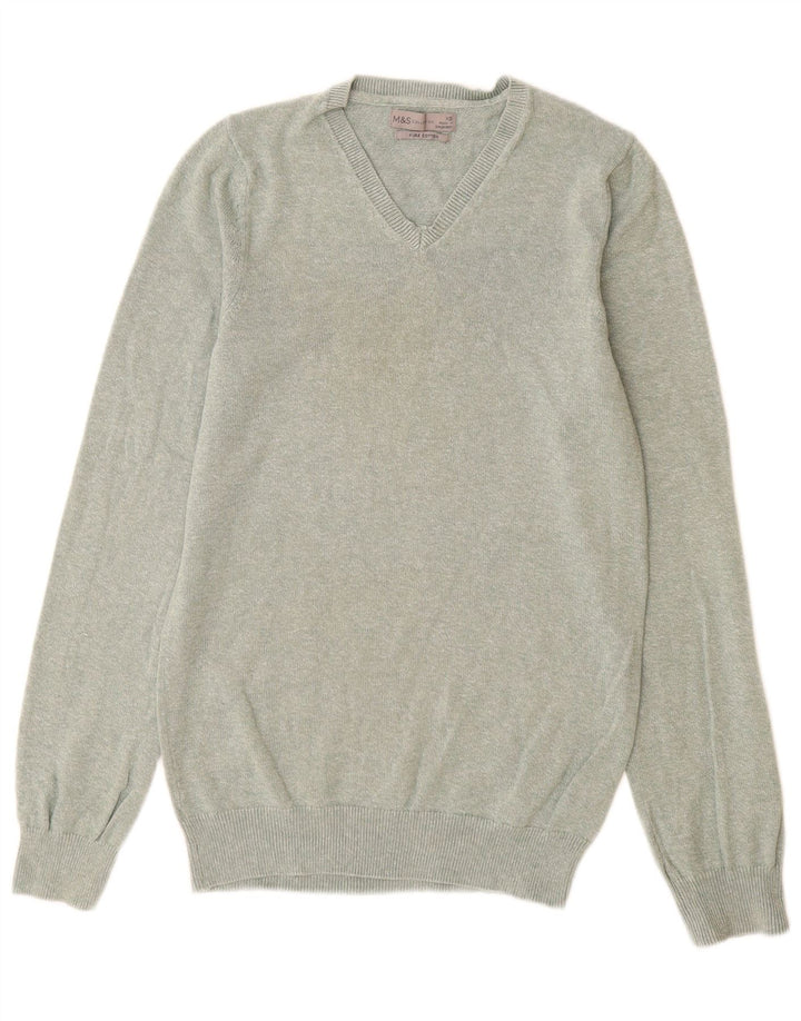 Marks & Spencer Herren-Pullover mit V-Ausschnitt, XS, grüne Baumwolle
