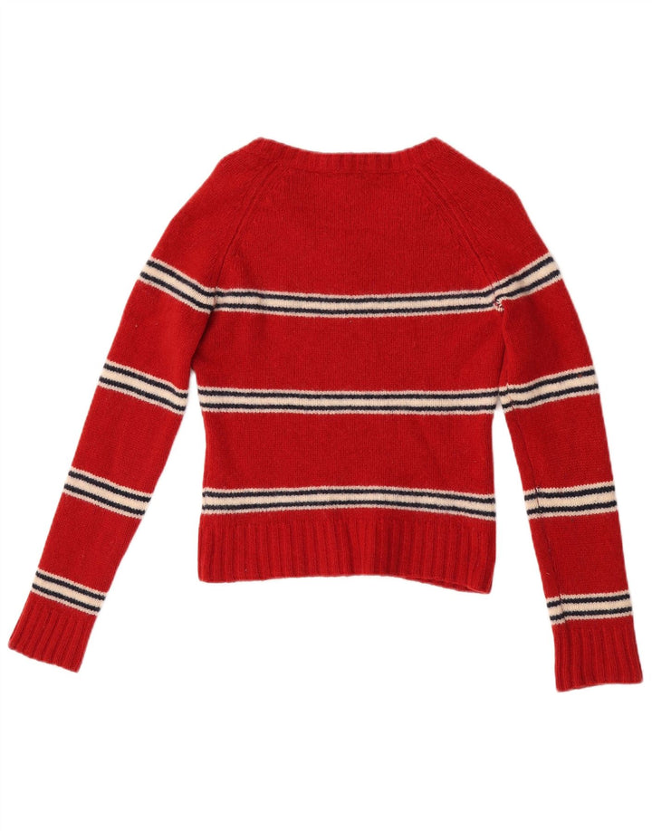 Massimo Dutti Damen-Pullover mit bauchfreiem V-Ausschnitt, Gr. 8, klein, rot gestreift, Wolle