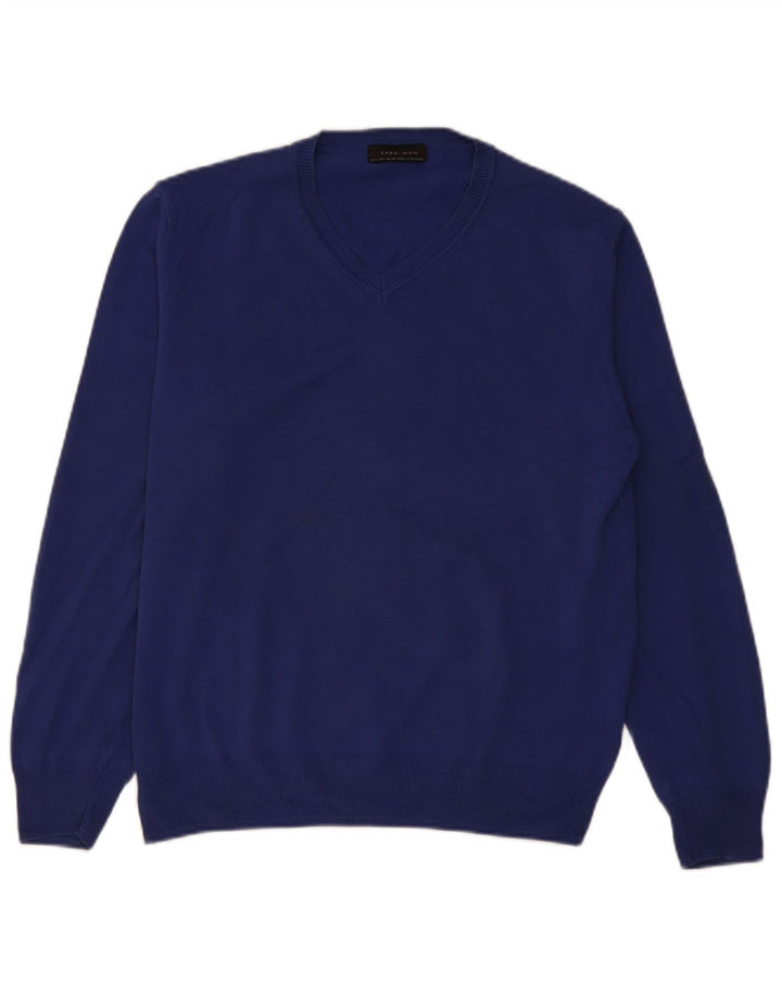 Zara Herren-Pullover mit V-Ausschnitt, Größe L, Blau