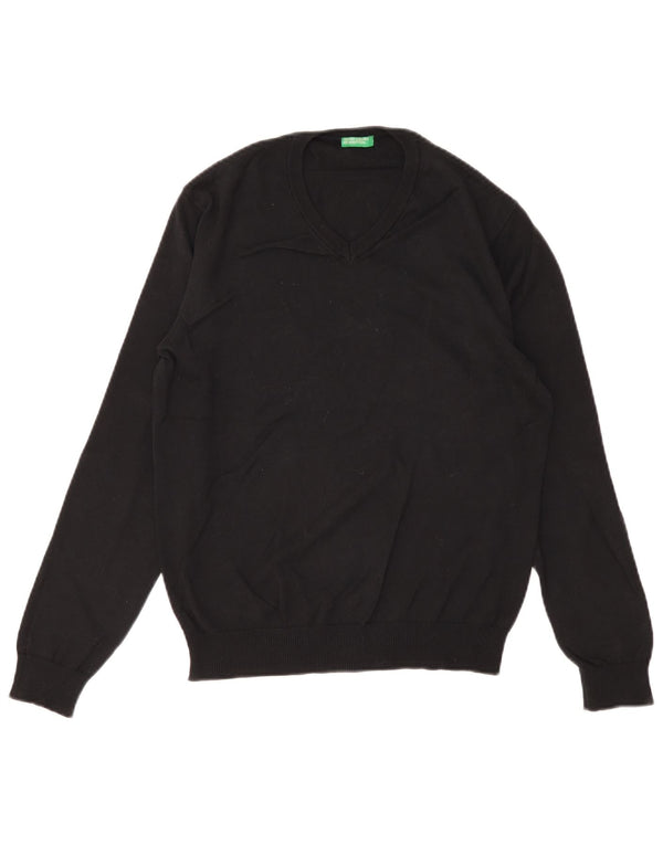 Benetton Herren-Pullover mit V-Ausschnitt, Größe S, schwarze Baumwolle