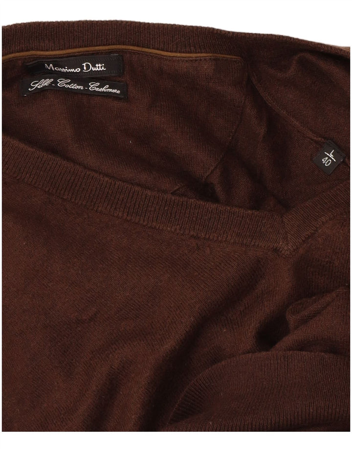 Massimo Dutti Herren-Pullover mit V-Ausschnitt, groß, braune Baumwolle