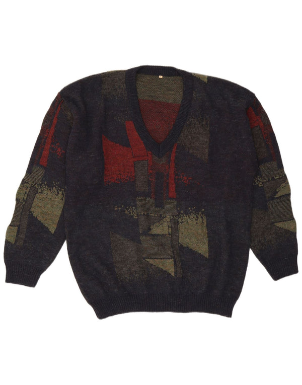 Vintage Herren Pullover mit V-Ausschnitt XL Marineblaue geometrische Wolle
