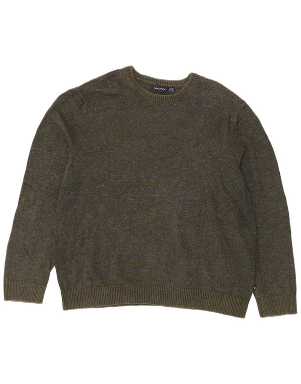 Nautica Herren-Pullover mit Rundhalsausschnitt, 2XL, grüne Nadelstreifen-Baumwolle