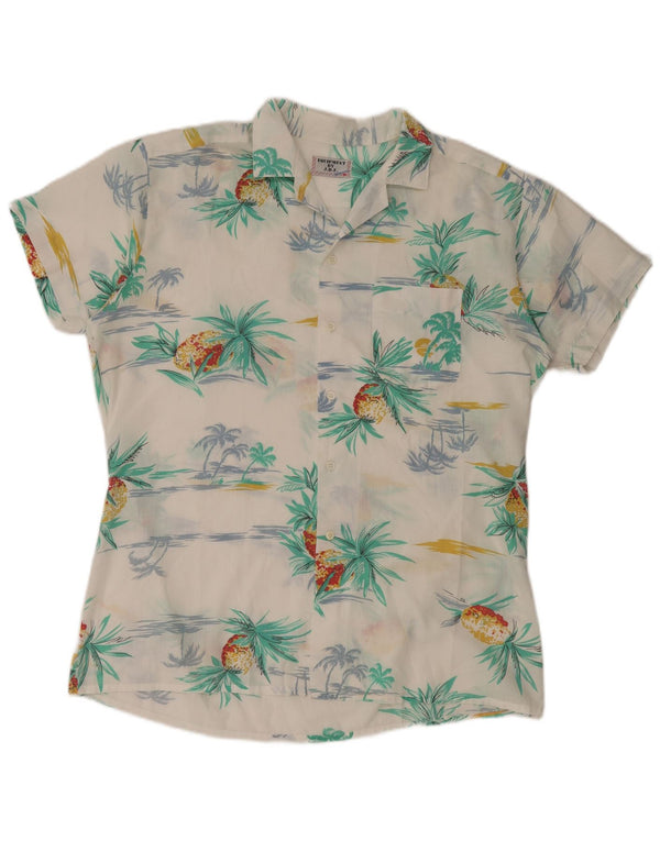 Vintage Mens Short Sleeve Shirt Medium White Polyester Hawaiian