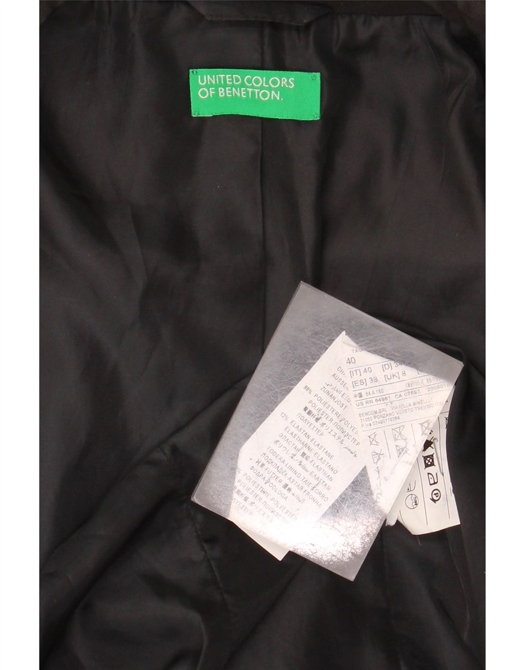 BENETTON Damen 1-Knopf-Blazerjacke UK 8 Small Schwarz Polyester