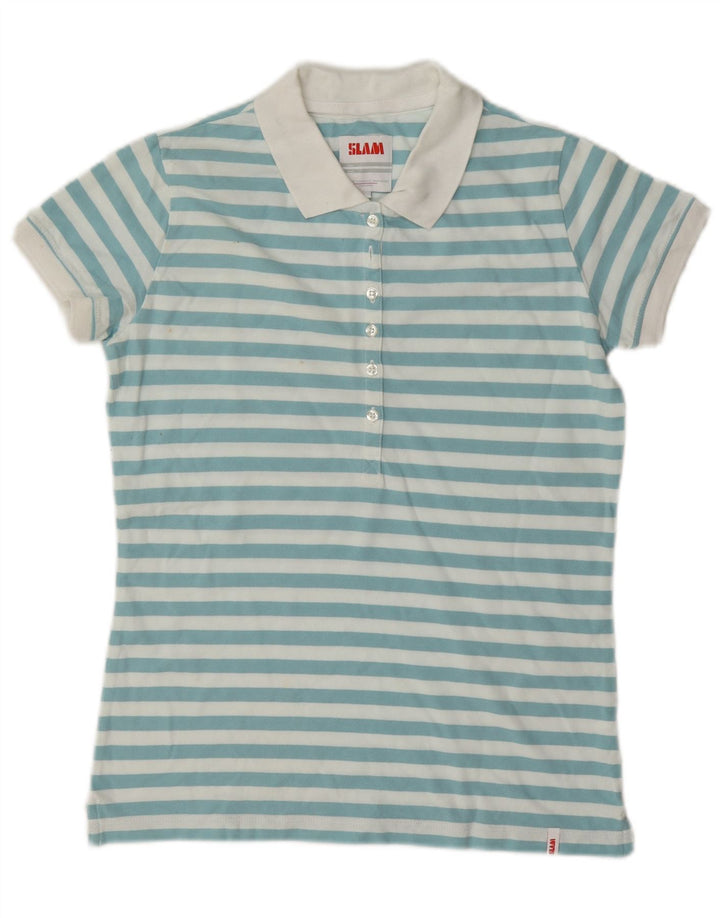 Slam Damen Poloshirt UK 14 Mittelblau gestreift aus Baumwolle
