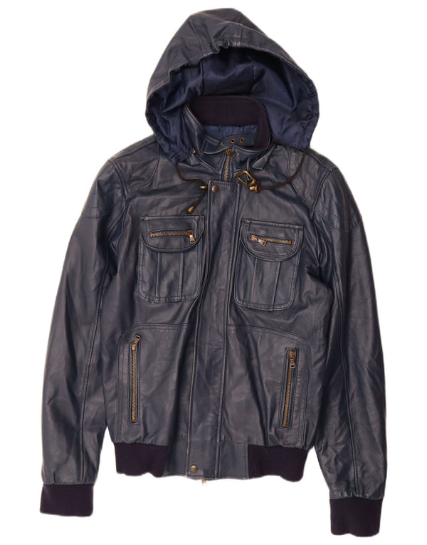 VINTAGE Damen-Lederjacke mit Kapuze, UK 14, großes marineblaues Leder