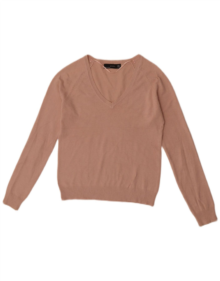 Zara Damen Crop V-Ausschnitt Pullover Pullover UK 12 Mittelrosa