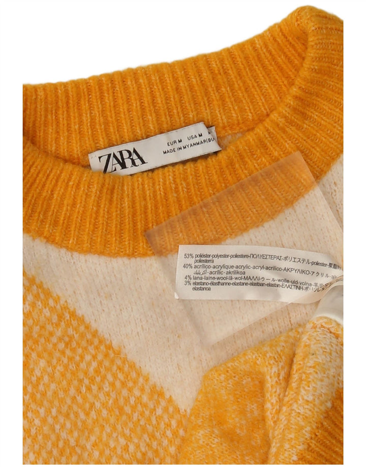 Zara Damen-Pullover mit Rundhalsausschnitt, Gr. 14, mittelgelb, Argyle/Diamant