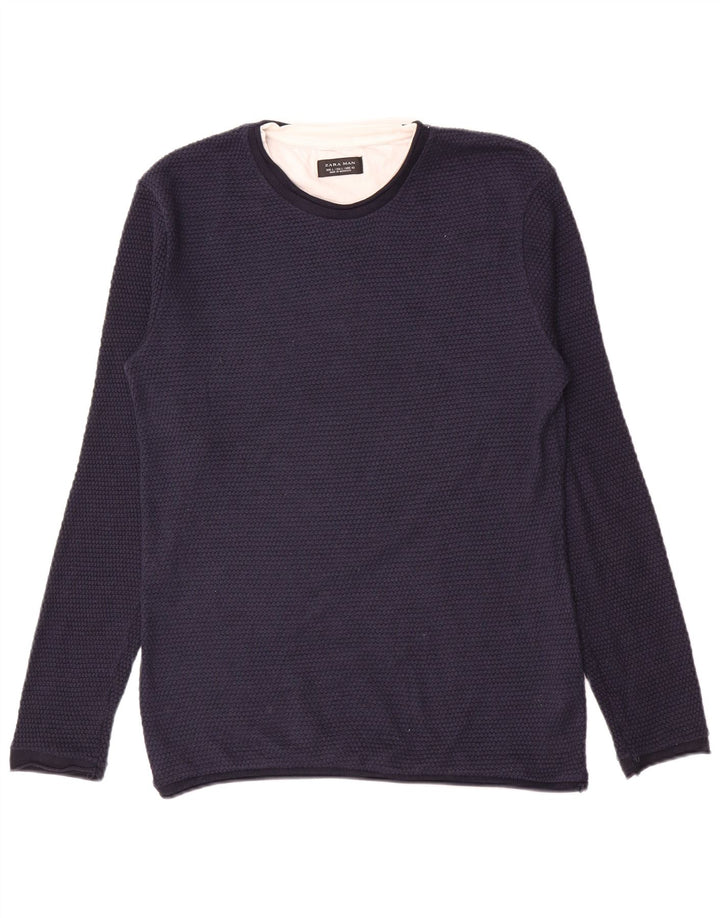 Zara Herren-Pullover mit Rundhalsausschnitt, groß, marineblaues Polyester