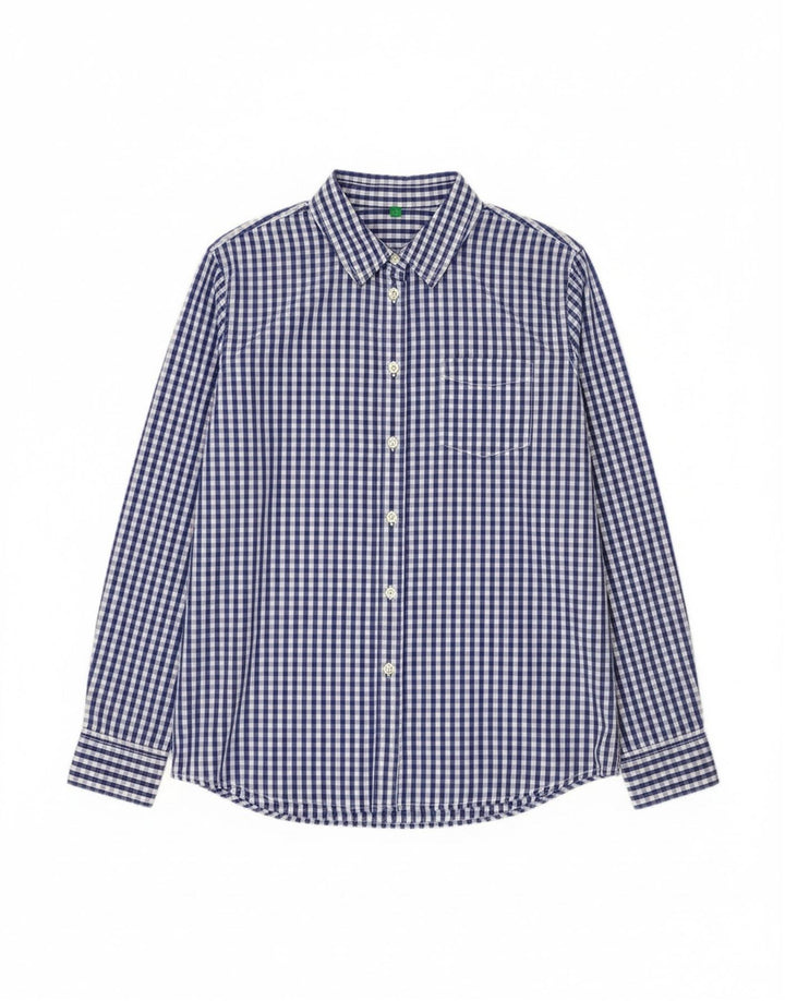 Benetton Damen-Hemd UK 16, Größe L, blau, Gingham-Baumwolle