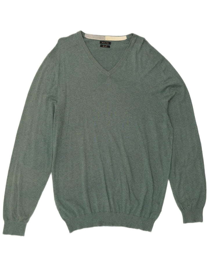 MASSIMO DUTTI Herren-Pullover mit V-Ausschnitt, 2XL, grüne Baumwolle