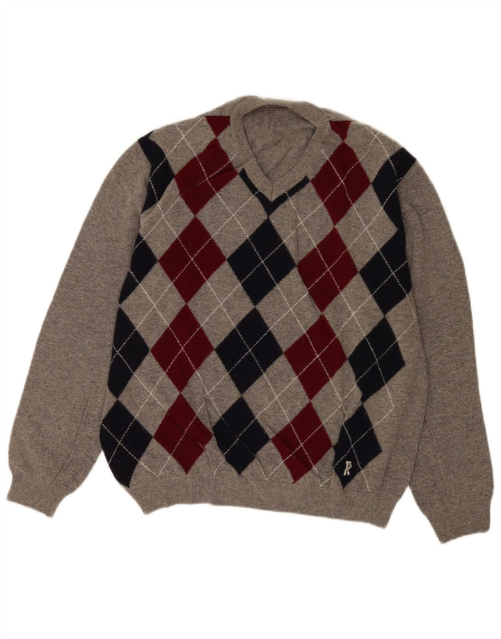 Rifle Herren-Pullover mit V-Ausschnitt, groß, graue Argyle-/Diamantwolle