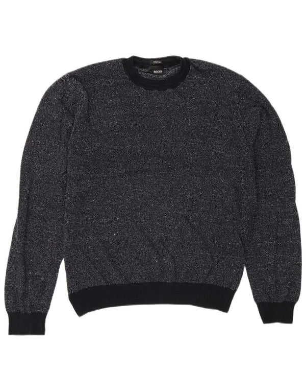 Hugo Boss Herren-Pullover, lockere Passform, Rundhalsausschnitt, Größe S, Marineblau meliert