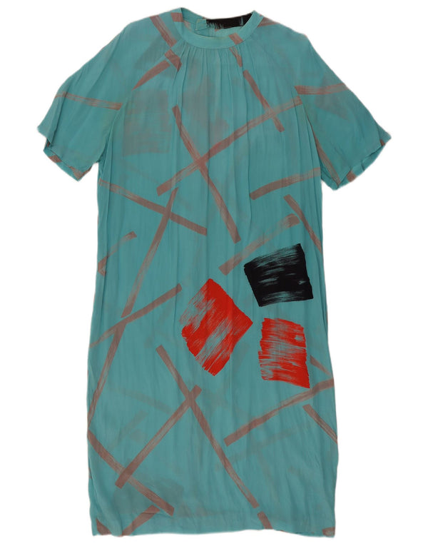 Vintage Damen Maxikleid mit kurzen Ärmeln UK 18 XL Türkis Geometrisch