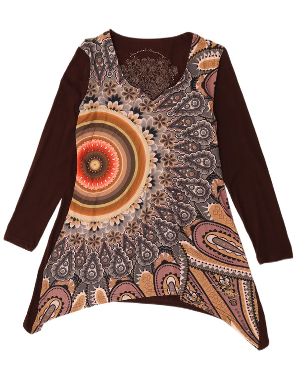 Desigual Damen Langarm-Asymmetrisches Tunika-Oberteil UK 14 Großes braunes Blumenmuster