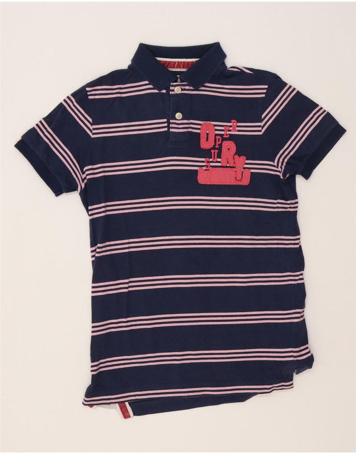 Superdry Herren-Poloshirt aus mittelblauer, gestreifter Baumwolle mit Grafik