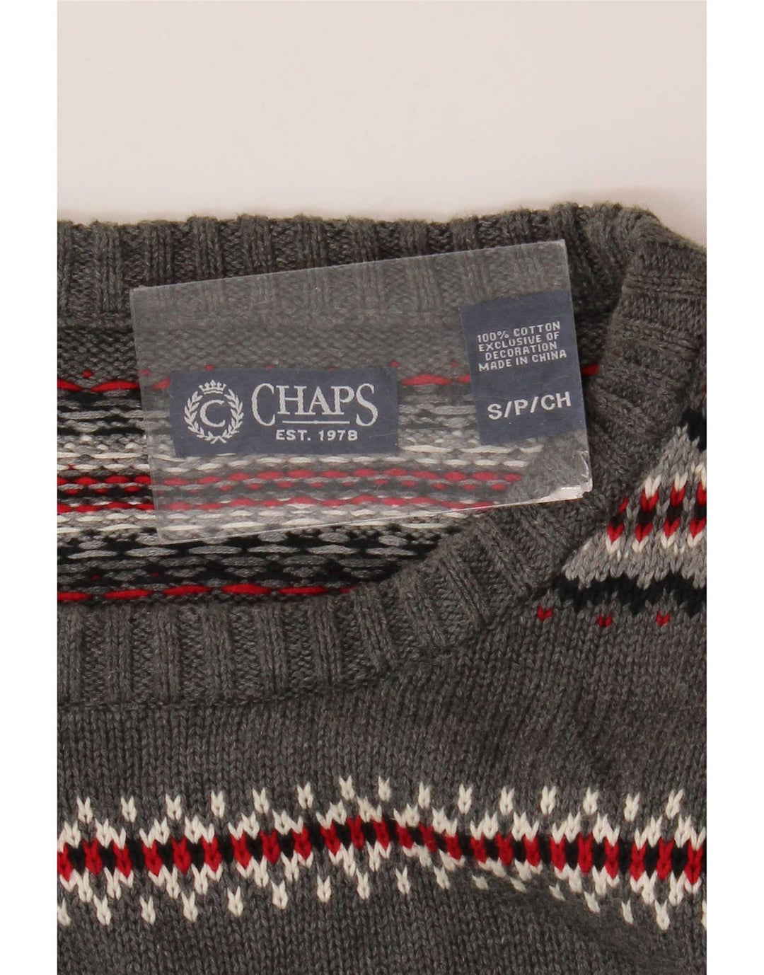 Chaps Herren-Pullover mit U-Boot-Ausschnitt, Größe S, Grau, Fair-Isle-Baumwolle