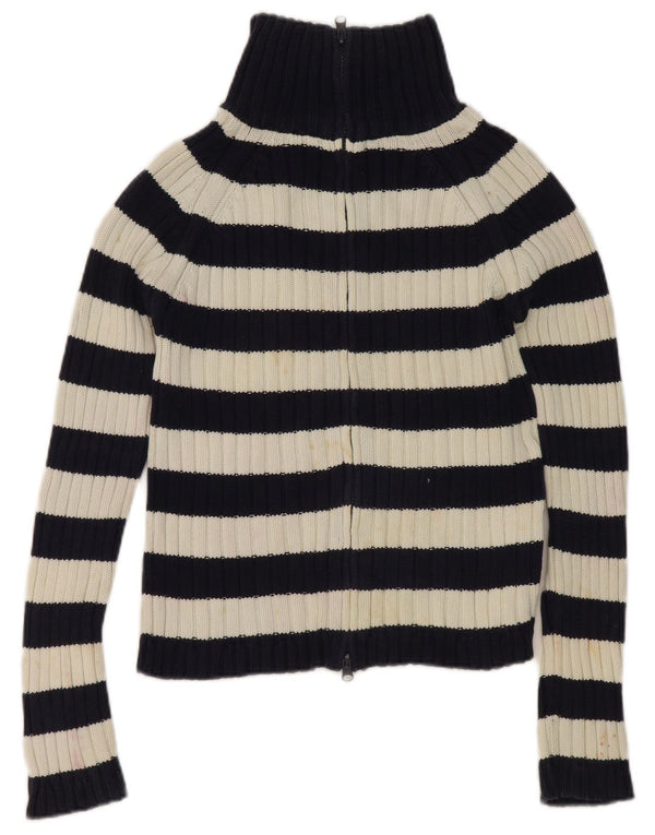 Zara Damen Crop Cardigan Pullover UK 14 Große marineblau gestreifte Baumwolle