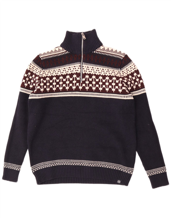 Marks & Spencer Herren-Pullover mit Reißverschluss am Hals, groß, Marineblau, Fair-Isle-Muster
