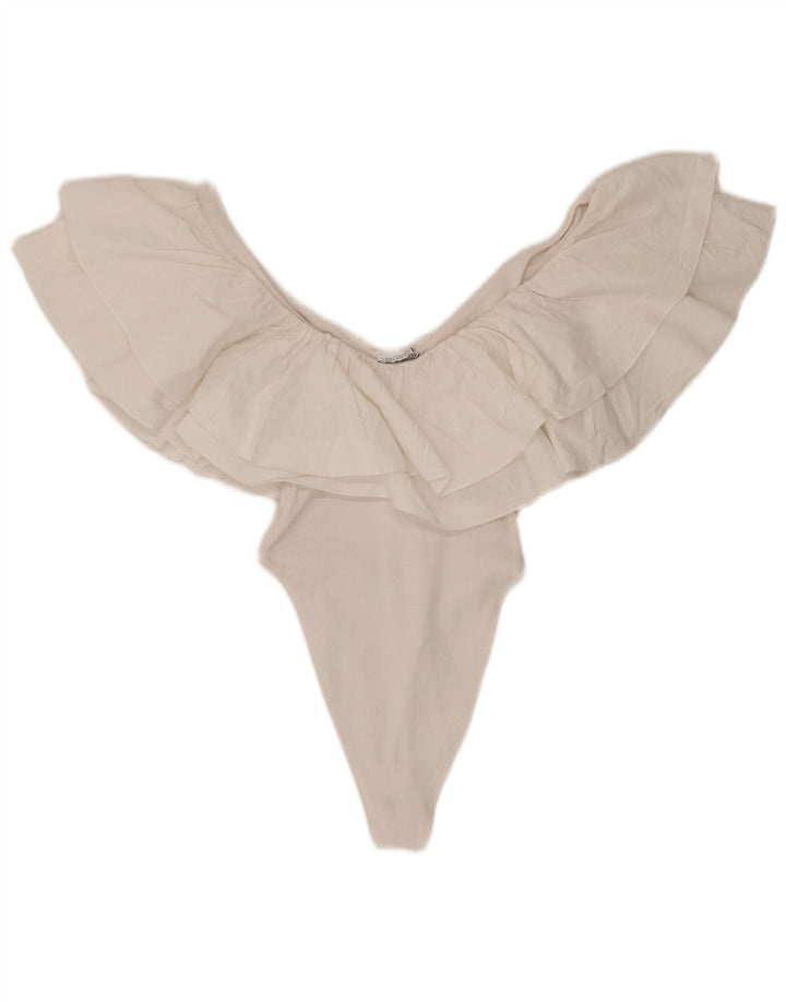 Zara Damen-Body mit Rüschen, UK-Größe 8, Größe S, weiße Baumwolle