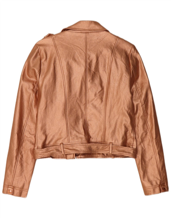 GUESS Damen Crop Kunstleder Bikerjacke UK 12 Medium Gold Polyurethan