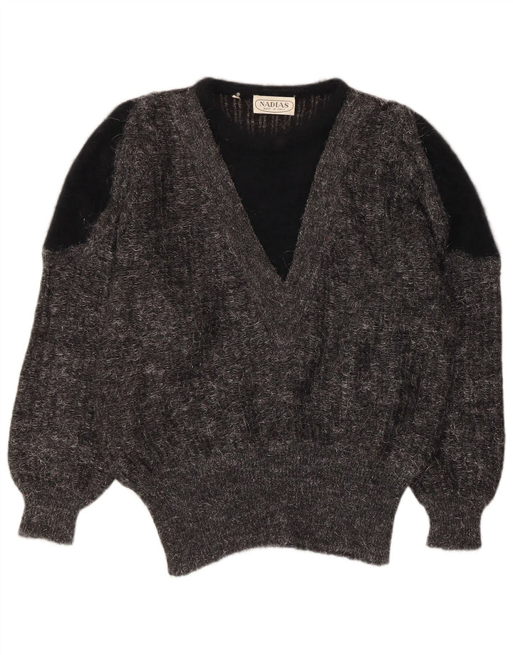 VINTAGE Damen-Pullover mit V-Ausschnitt IT 44 Mittelgrauer Farbblock