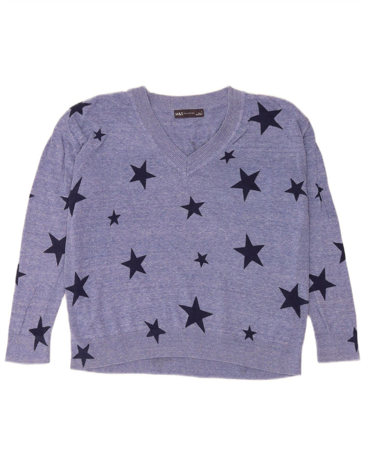 Marks & Spencer Damen-Pullover mit grafischem V-Ausschnitt, Gr. 10, Größe S, Blau