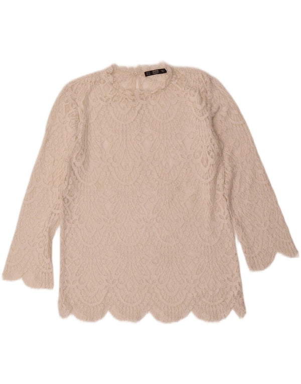 Durchsichtiges Damen-Blusenoberteil mit 3/4-Ärmeln von Zara, Gr. 40, Größe S, Weiß, Paisleymuster
