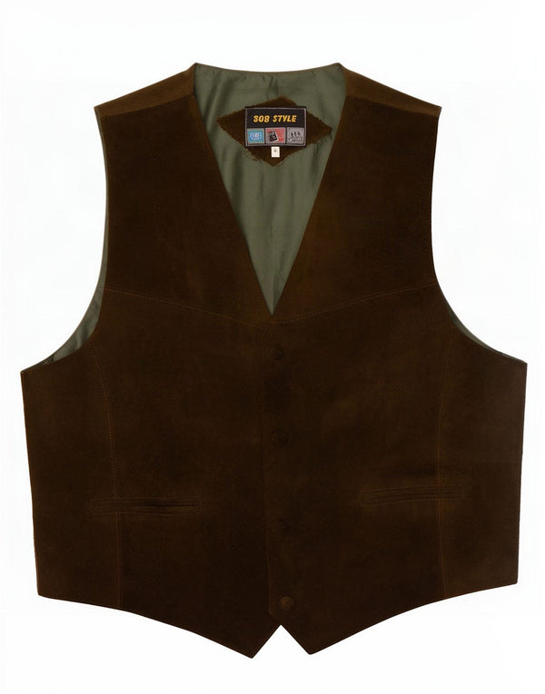 Vintage Mens Suede Waistcoat Large Khaki Colourblock