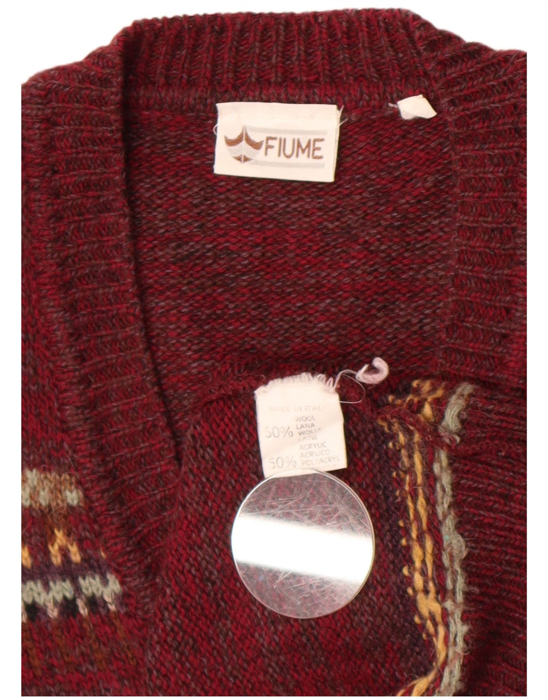 Fiume Herren-Pullover mit V-Ausschnitt, groß, Burgunderrot, Fair-Isle-Wolle