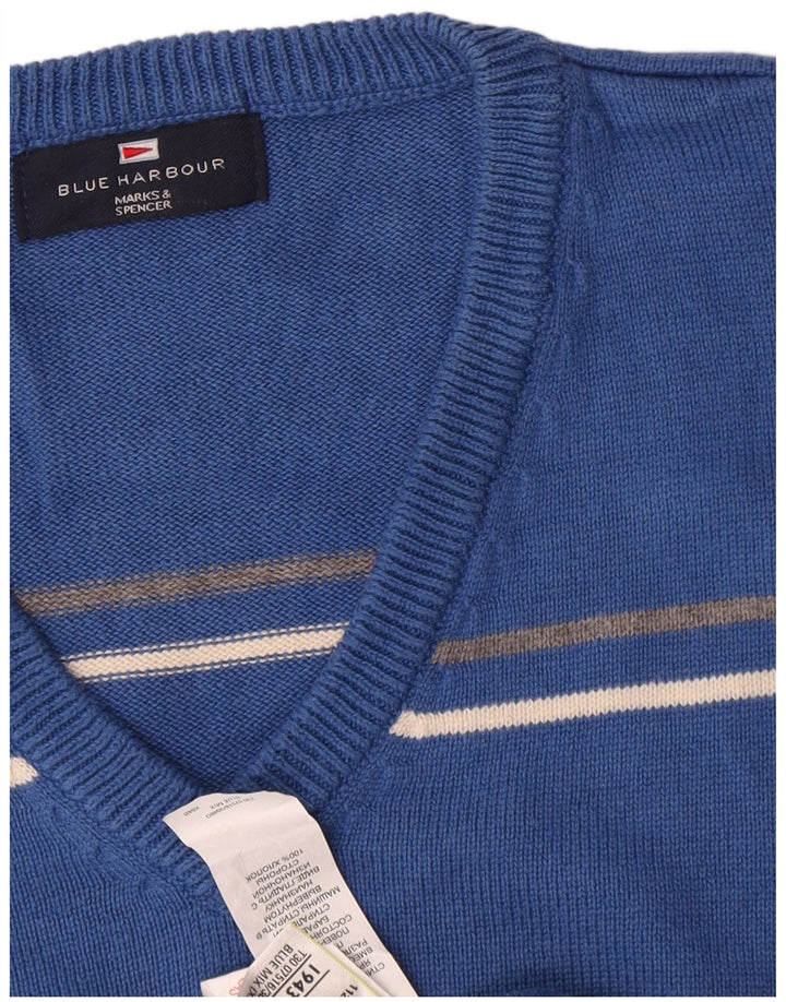 Marks & Spencer Herren Blue Harbor V-Ausschnitt Pullover Pullover XL Blau gestreift