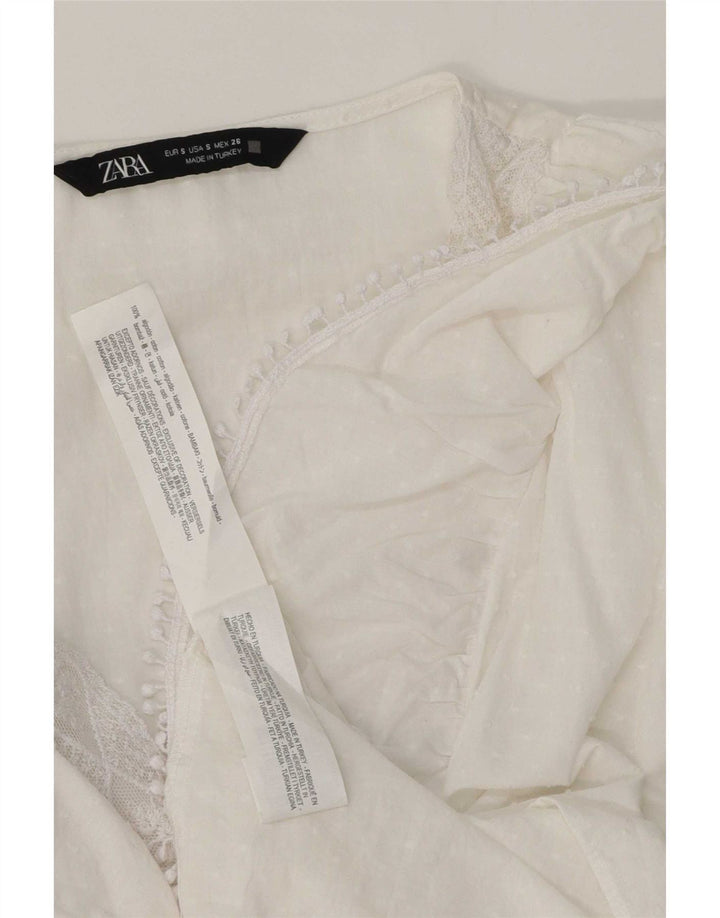 Zara Damen-Langarmblusenoberteil mit Rüschen vorne, UK 10, Größe S, weiße Baumwolle