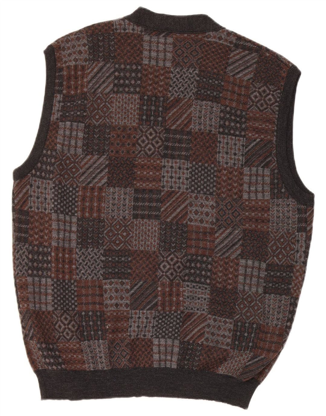 Vintage Herren ärmelloser Cardigan Pullover mittelgraue geometrische Schurwolle
