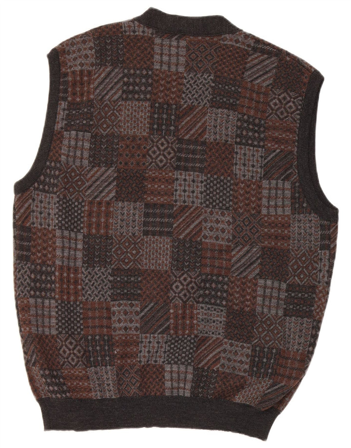 Vintage Herren ärmelloser Cardigan Pullover mittelgraue geometrische Schurwolle