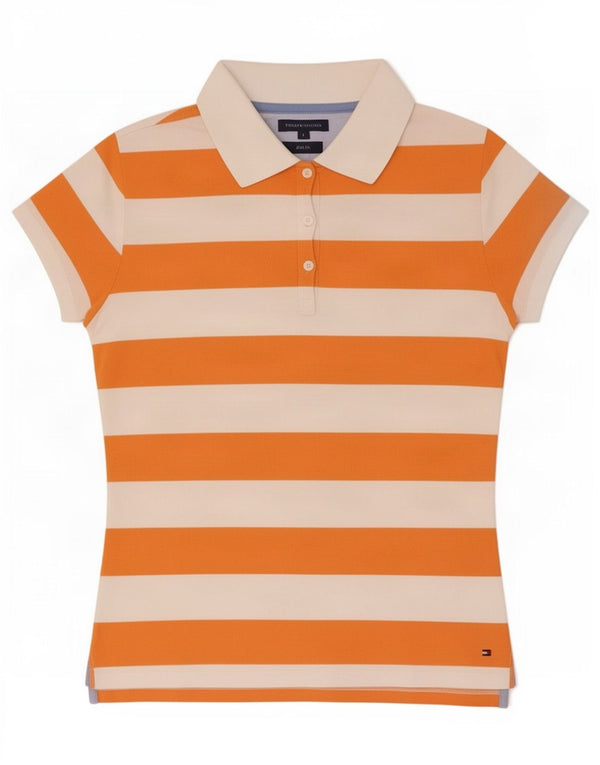 Tommy Hilfiger Damen Slim Fit Poloshirt UK 14 Große orange gestreifte Baumwolle